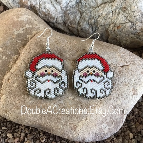 Santa Clause Face Trimmed in Silver Beaded Earrings, New, Handmade by Me - Picture 5 of 5